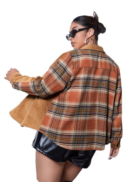 

plus plaid print corduroy jacket w3h8#, Black