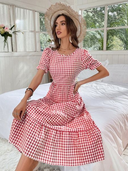 

gingham puff sleeve ruffle hem smock dress c2ul#, Black;gray