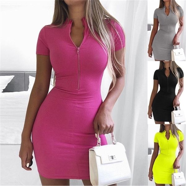 Thread Knit Summer Women Mini Vestido Sexy High Neck Short Manga Hips Es Slim Vestidos Zipper Neon Green 220615