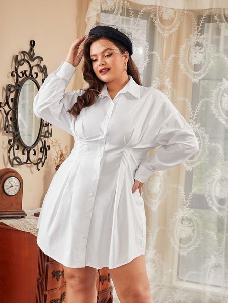 

plus drop shoulder fold pleated shirt dress 11uu#, Black