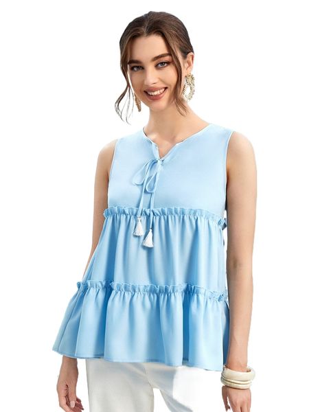 

ruffle hem tassel tie neck b2a6#, White