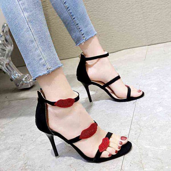 Sexy Schwarze Sandalen Damen Sandalen Sommer Offene spitze Stiletto Fußkettchen High Heels Frauen Schuhe Rote Lippen Party Schuhe J220527