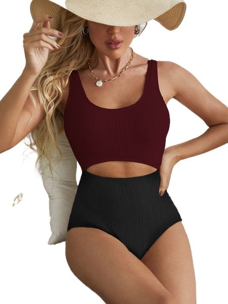 

two tone cut out one piece swimsuit w3pe#, White;black