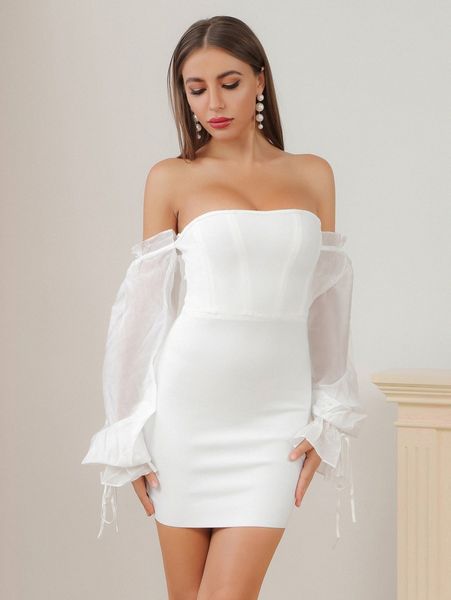 

contrast mesh off shoulder flounce sleeve bandage dress 97wg#, Black;gray