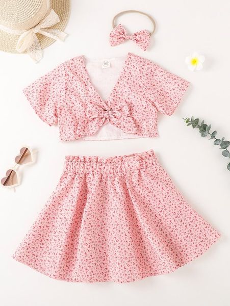 

toddler girls ditsy floral bow front & paper bag waist skirt & headband she, White