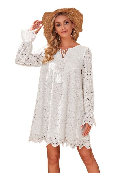 

tassel tie neck flounce sleeve schiffy smock dress y7z3#, Black;gray