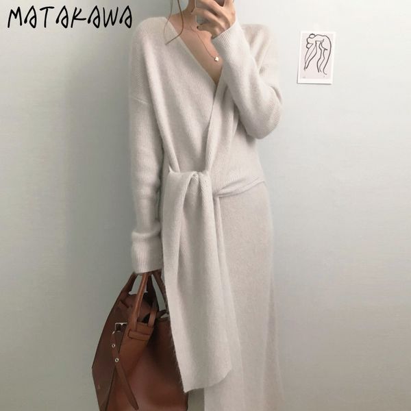 

slim waist knitted sweater dress korea autumn and winter womens dresses elegant vneck cross side straps femme robe 210506, Black;gray