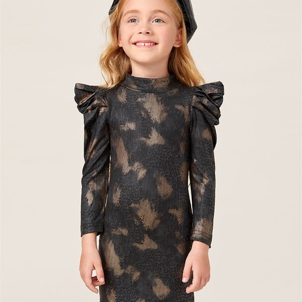 

little girl leopard jacquard lamb leg sleeve small high neck dress she, Red;yellow