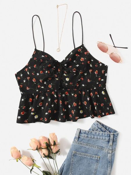 

plus floral print knot front peplum cami q5ck#, Black