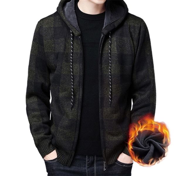 

winter mens fleece thickened cardigan knit sweater male loose warm hooded add wool jacket coat 220817, Black;brown