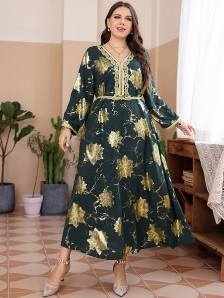 

plus gold floral print embroidery contrast trim belted dress e3dh#, Black