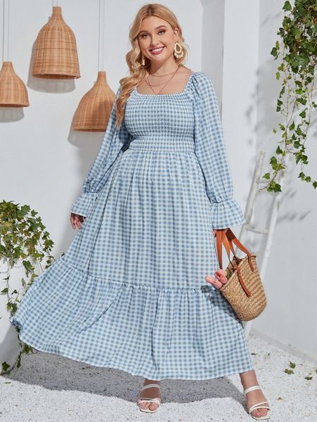 

plus gingham print shirred flounce sleeve ruffle hem dress b2rc#, Black