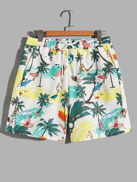 

men tropical and figure print drawstring waist shorts w911#, White;black