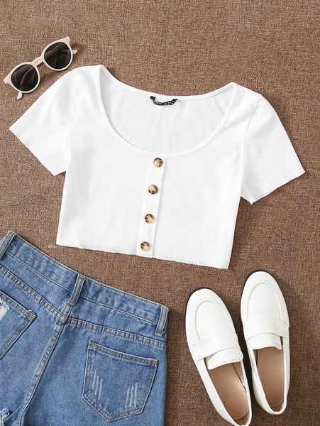 

solid button detail ribbed crop tee c6my#, White