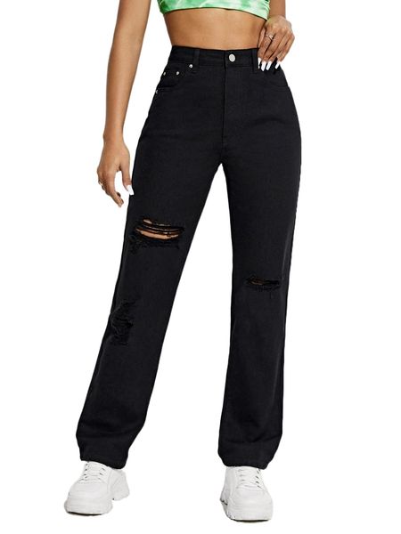 

high waist ripped straight leg jeans h1dy#, Black;white