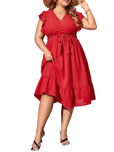 

plus butterfly sleeve ruffle hem belted dress t1bp#, Black