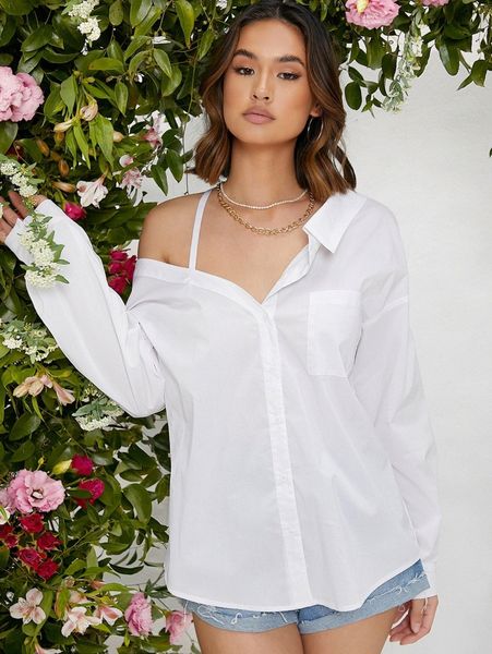 

asymmetrical neck button front blouse n4vo#, White
