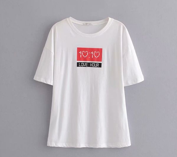 

t-shirt female summer white t-shirts crew neck short sleeve heart design casual aa