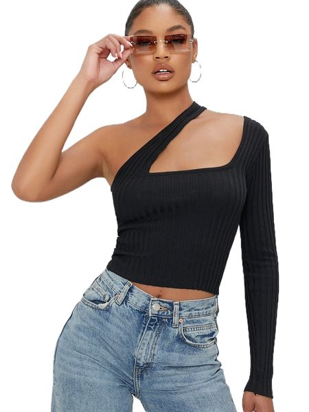 

asymmetrical one-shoulder long sleeve crop f3bi#, White