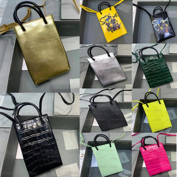Mini-Einkaufstasche. Glänzende Handytasche aus echtem Leder mit Krokodilprägung, quadratische Umhängetasche, Designer-Handtasche aus Segeltuch, dünne Schultertasche mit runden Griffen