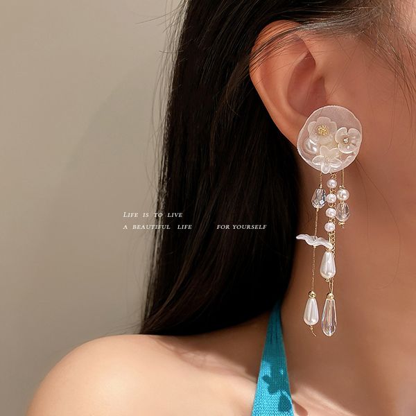 

925 silver needle organza fabric crystal flower earrings korean long tassel super fairy earrings fashion eardrop for women, Golden