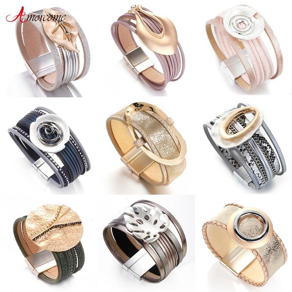 

multi strands leather wrap bracelet for women big geometric charm wide cuff, Black