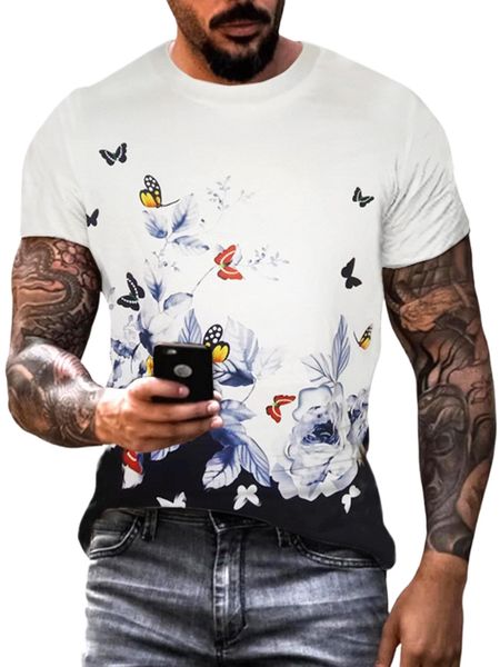 

men butterfly & floral print tee d2iv#, White;black