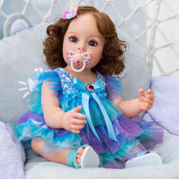 Bebes doll 55CM Full body Silicone Reborn Toddler Girl Princess Sue-Sue Pittura dettagliata a mano Capelli castani radicati Giocattolo impermeabile AA220325