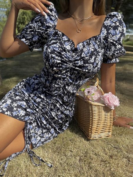 

allover floral print puff sleeve drawstring ruched front dress i8il#, Black;gray