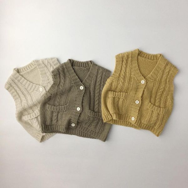 Colete coreano primavera de malha de malha de malha do cardigan sweater simples moda menino menino meninas bolso suéteres roupas kids knitwear