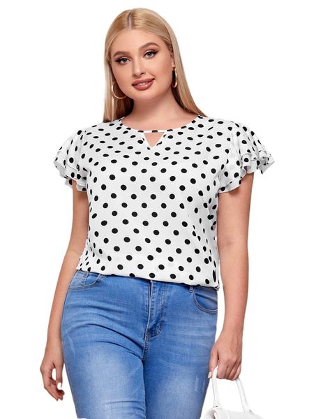 

plus keyhole neck layered flutter sleeve polka dot h4px#, Black