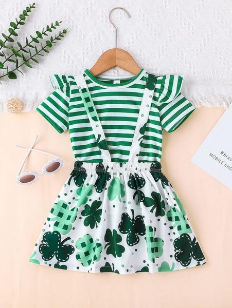 

toddler girls striped ruffle trim tee & clover print suspender skirt she, White