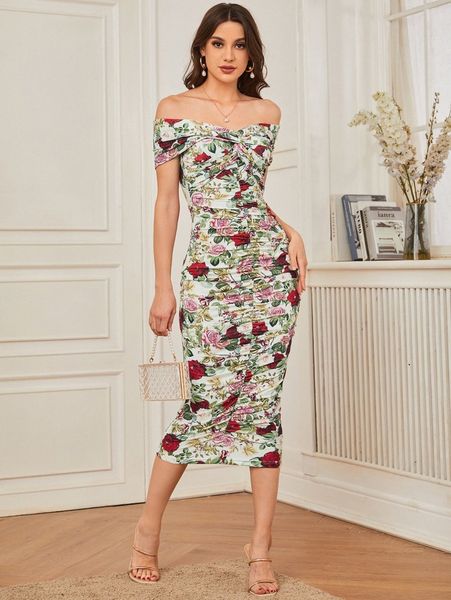 

off shoulder floral print twist front bodycon dress m1oi#, Black;gray