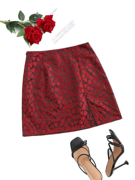 

split hem allover heart print skirt i5ma#, Black