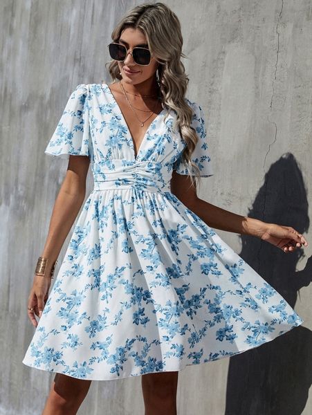 

butterfly sleeve ruched detail allover floral dress 36fa#, Black;gray