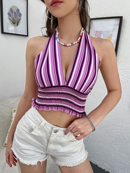

striped shirred halter 323a#, White