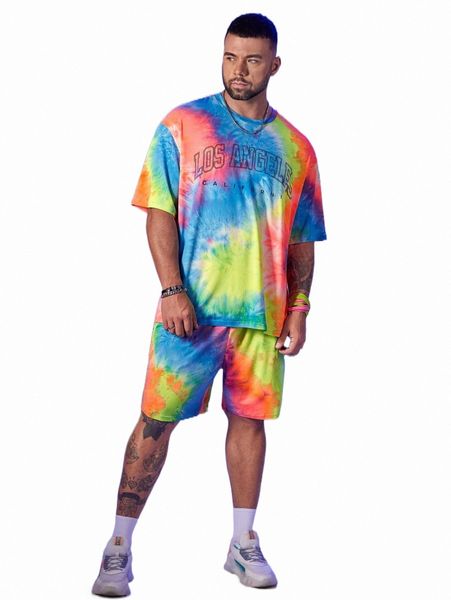 

extended sizes men letter graphic tie dye tee & shorts j25z#, Gray