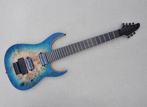 

7 strings transparent blue electric guitar with burl maple veneer