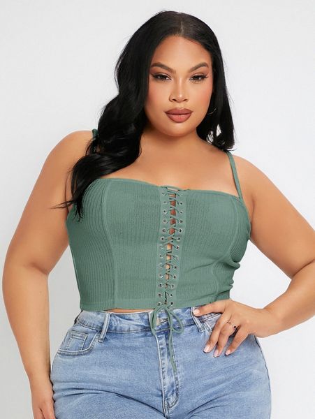 

sxy plus lace up front rib-knit cami j8ef#, Black