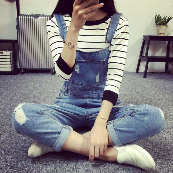 Jeans feminina moda feminina coreana macacão jeans de jeans casual calças magras