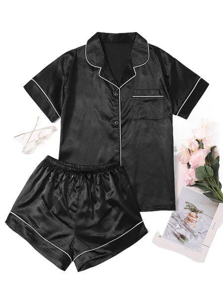 

contrast binding tie front satin pj set u5ln#, Black;red