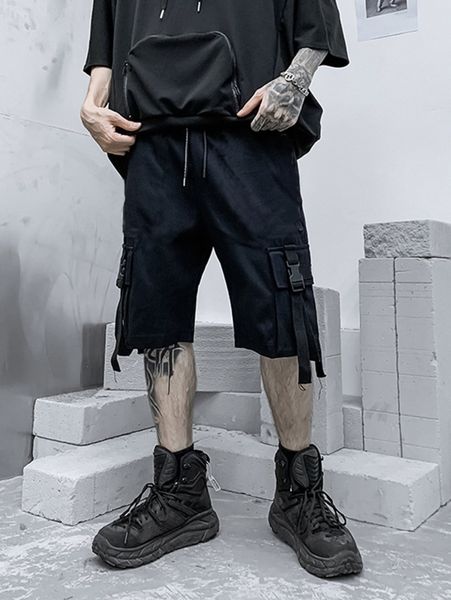 

men buckle flap pocket side drawstring waist shorts j4lu#, White;black