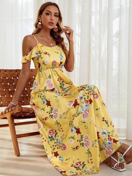 

floral print ruffle trim cold shoulder a-line dress f2gx#, Black;gray