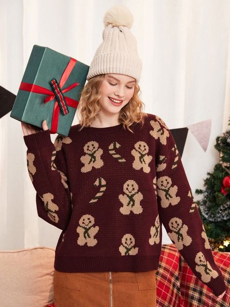 

drop shoulder christmas pattern sweater y7wa#, White;black