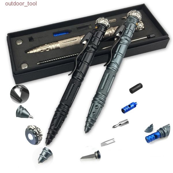 Tragbare Selbstverteidigung Tactical Pen Survival Glasbrecher mit LED-Taschenlampe Pfeife Edelstahl Outdoor Survival EDC-Werkzeug