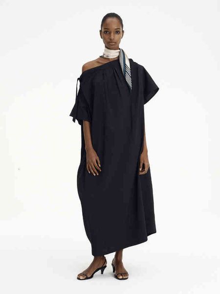 

casual dresses recto summer woman black loose midi dress with scarf brand spring arrive france paris e776, Black;gray
