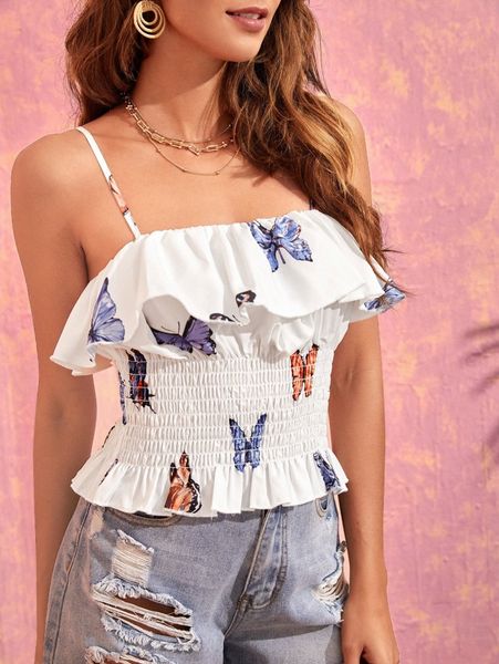 

butterfly print shirred ruffle trim cami k5lm#, White