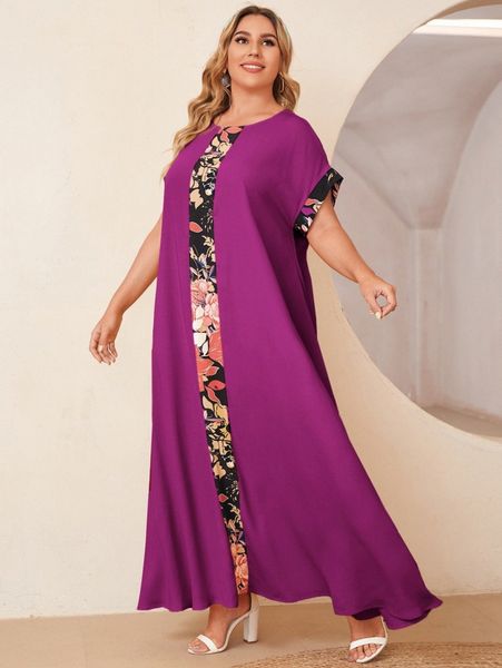 

plus batwing sleeve floral print colorblock dress f1mq#, Black