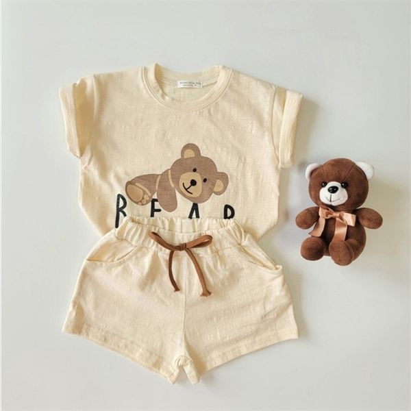 

summer toddler baby clothes set boy cartoon bear pattern fashion t-shirt + kid casual cotton short pants 2pcs suit 220507, White