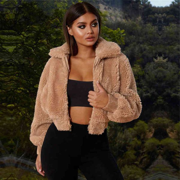 

fur jacket coat teddy fleece autumn winter warm soft thick long sleeve women zip-up outwear elegant zipper pocket cropped coat l220714, Black